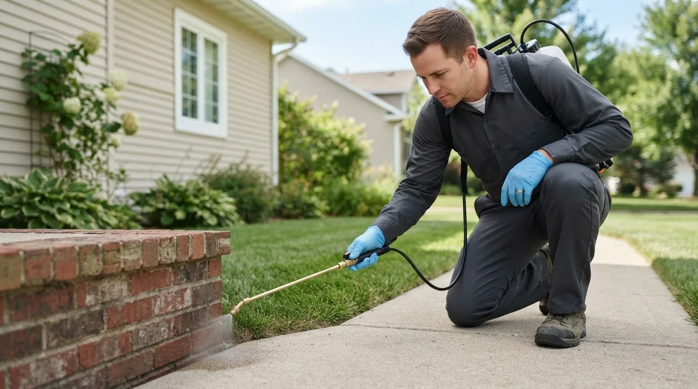 Pest control technician treating a home near Valmora, NM
